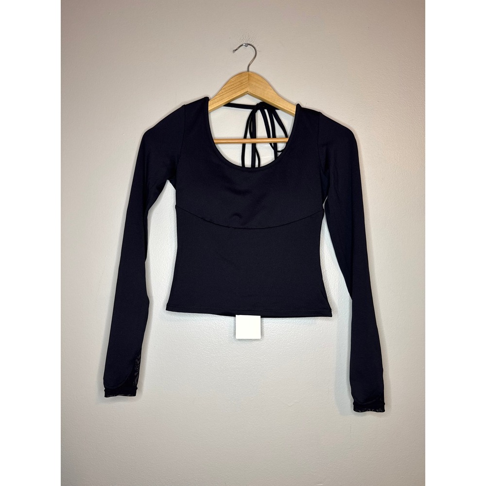 Halara Black Long Sleeve Crop Top Open Back Mesh Thumbhole XS NWT